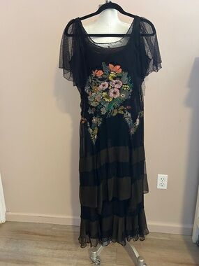 VTG Black Floral Mesh tulle Layered Maxi Dress sheer whimsical biker goth queen